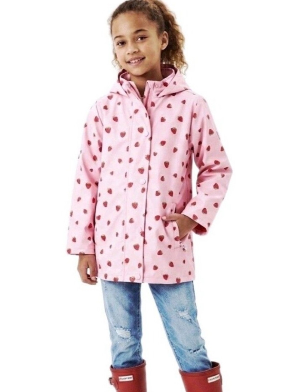 Hunter Girls Strawberry Print Raincoat Size 4 Pink NWT Cinched Waist